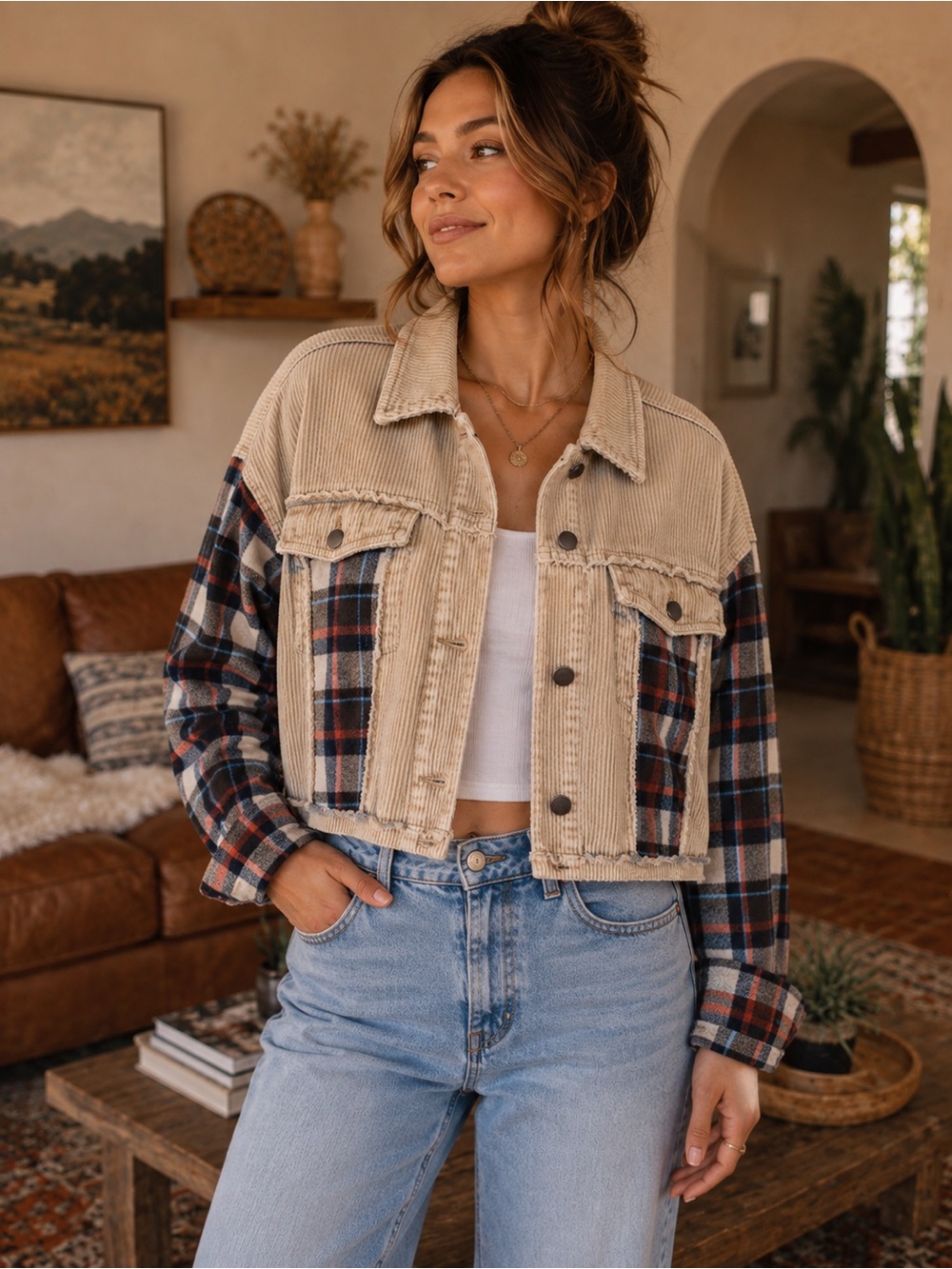 easel Beige Corduroy Cropped Jacket with Plaid Sleeves (090987) ☮️ 🍂